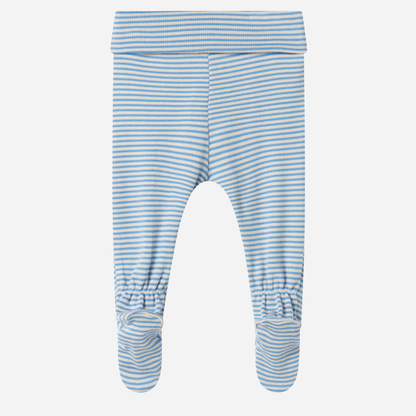 Sold at Bombon shop, designed by MarMar Copenhagen. Sky blue and cream striped baby footed pants, pair perfectly with the matching blue striped cardigan.
