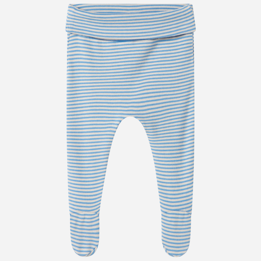 Sold at Bombon shop, designed by MarMar Copenhagen. Sky blue and cream striped baby footed pants, pair perfectly with the matching blue striped cardigan.