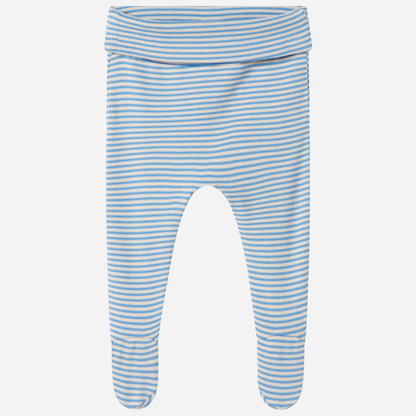 Sold at Bombon shop, designed by MarMar Copenhagen. Sky blue and cream striped baby footed pants, pair perfectly with the matching blue striped cardigan.
