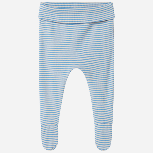 Sold at Bombon shop, designed by MarMar Copenhagen. Sky blue and cream striped baby footed pants, pair perfectly with the matching blue striped cardigan.