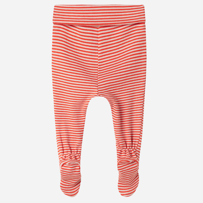 Sold at Bombon shop, designed by MarMar Copenhagen. Coral and cream striped baby footed pants, pair perfectly with the matching coral striped cardigan.