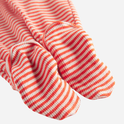 Sold at Bombon shop, designed by MarMar Copenhagen. Coral and cream striped baby footed pants, pair perfectly with the matching coral striped cardigan.