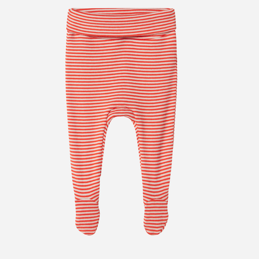 Sold at Bombon shop, designed by MarMar Copenhagen. Coral and cream striped baby footed pants, pair perfectly with the matching coral striped cardigan.