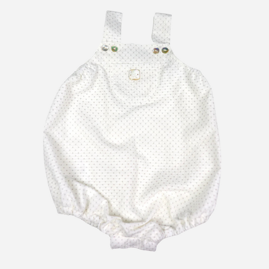 Sold at Bombon shop, designed by Al Agua Patos brand, this white polka dot baby romper for baby boys is perfect for spring and summer. Front view 
