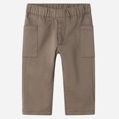 Sold at Bombon shop, designed by MarMar Copenhagen — taupe 100% cotton baby pants with front pockets and elastic waistband, pairs perfectly with the striped knit cardigan
