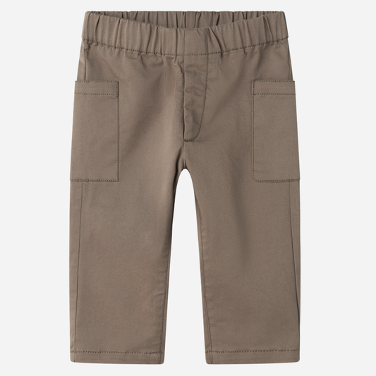 Sold at Bombon shop, designed by MarMar Copenhagen — taupe 100% cotton baby pants with front pockets and elastic waistband, pairs perfectly with the striped knit cardigan