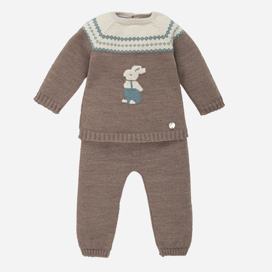 Sold at Bombon shop, designed by Paz Rodriguez, brown knit baby set with bunny motif sweater and matching pants.