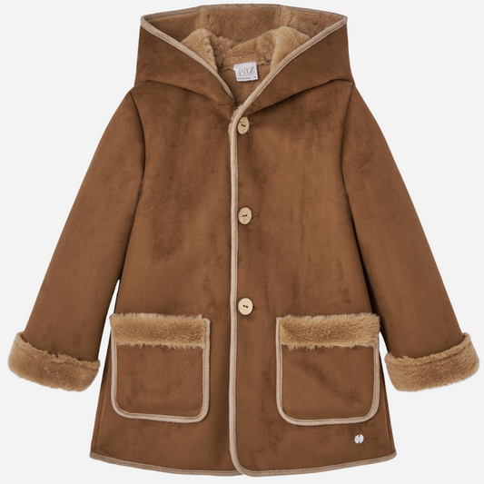 Sold at Bombon shop, designed by Paz Rodriguez. Brown hooded coat for children with faux fur lining, button closure, and trimmed front pockets.