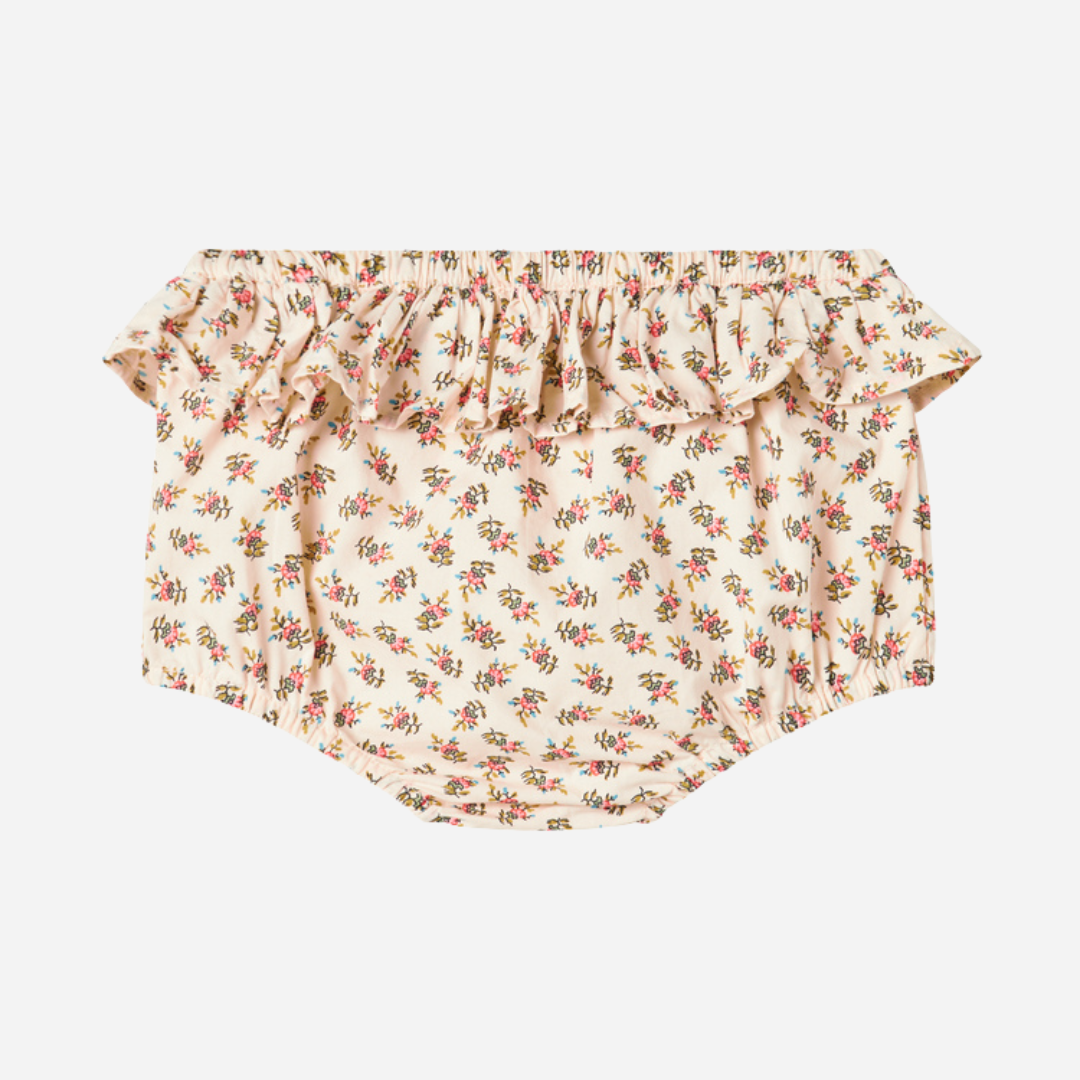 Sold at Bombon shop, designed by MarMar Copenhagen — floral cotton baby bloomers with ruffled waist, pairs perfectly with matching floral blouse.