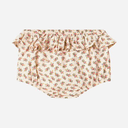 Sold at Bombon shop, designed by MarMar Copenhagen — floral cotton baby bloomers with ruffled waist, pairs perfectly with matching floral blouse.