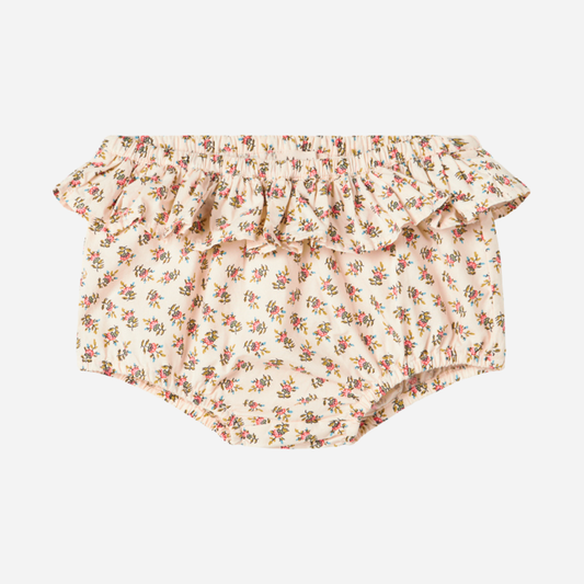 Sold at Bombon shop, designed by MarMar Copenhagen — floral cotton baby bloomers with ruffled waist, pairs perfectly with matching floral blouse.