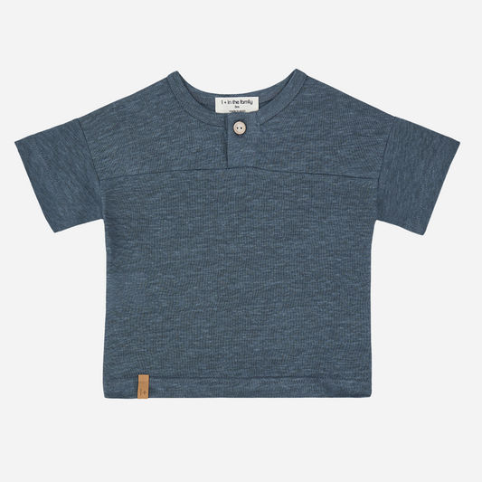 Sold at Bombon shop, designed by 1+ in the family brand, this blue henley shirt for baby boys and toddlers is ideal for spring and summer. front view