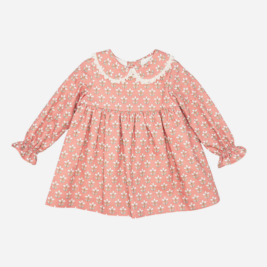 Sold at Bombon shop, designed by Fina Ejerique, a coral-pink floral baby dress with lace-trim collar and long sleeves. front