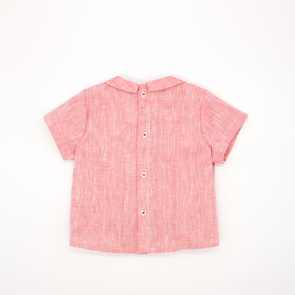 sold at Bombon shop, designed by Fina Ejerique brand, red pleated baby shirt is perfect for spring and summer. Back view