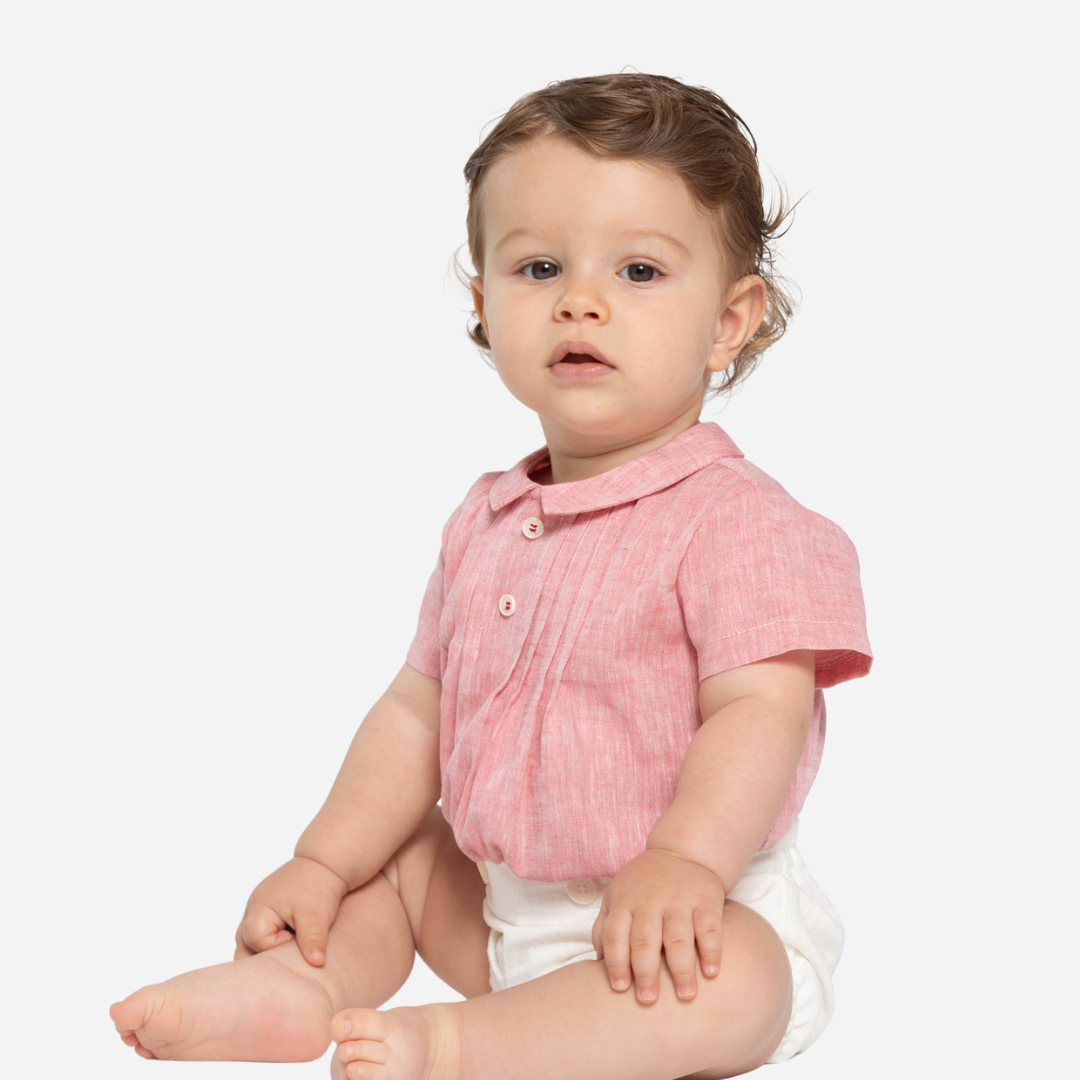 sold at Bombon shop, designed by Fina Ejerique brand, red pleated baby shirt is perfect for spring and summer. Model view
