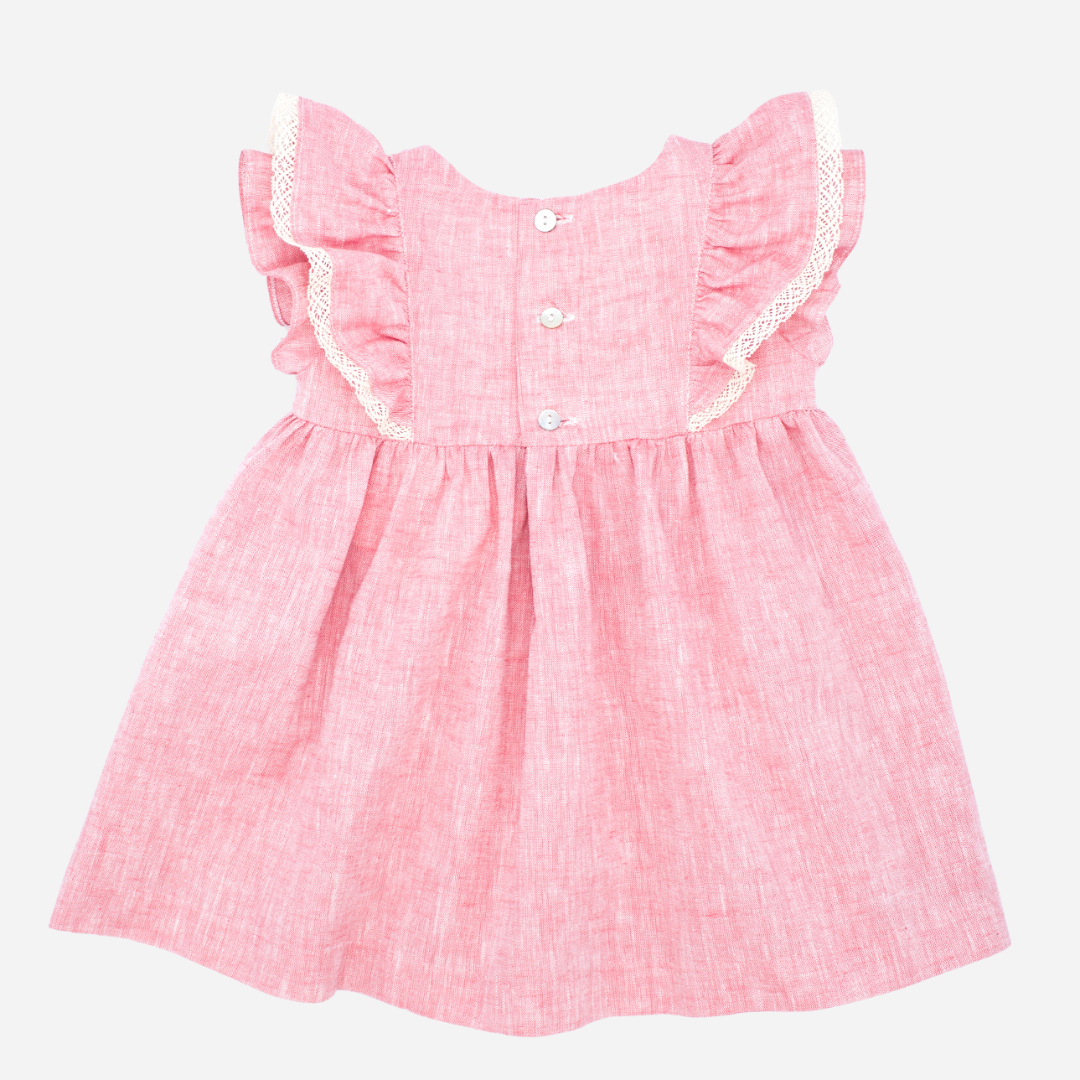 Offered in Bombon shop, designed by Fina Ejerique brand, red ruffle baby dress ideal for spring and summer. Back view 