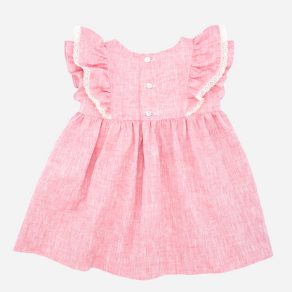 Offered in Bombon shop, designed by Fina Ejerique brand, red ruffle baby dress ideal for spring and summer. Back view 