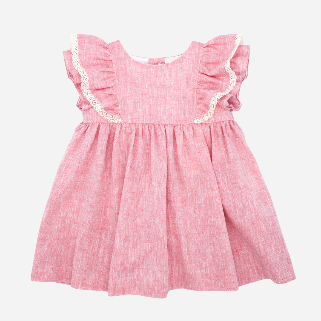 Offered in Bombon shop, designed by Fina Ejerique brand, red ruffle baby dress ideal for spring and summer. Front view 