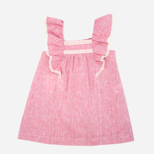 Offered in Bombon shop, designed by Fina Ejerique brand, red ruffle girl dress ideal for spring and summer. Front view 