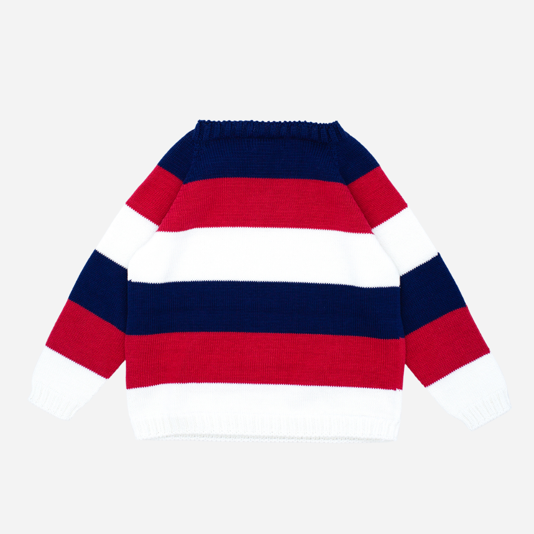sold at Bombon shop, designed by fina ejerique brand, red white and blue sweater for babies and toddlers perfect for spring and summer. back view