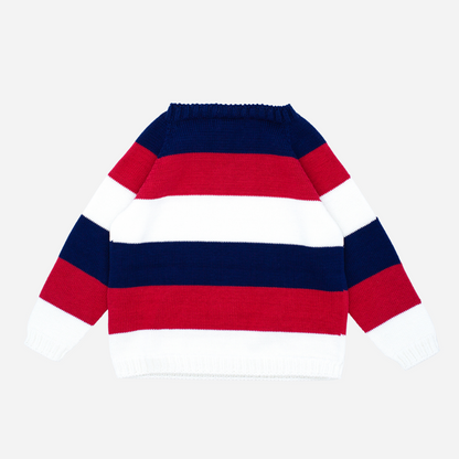 sold at Bombon shop, designed by fina ejerique brand, red white and blue sweater for babies and toddlers perfect for spring and summer. back view