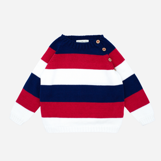 sold at Bombon shop, designed by fina ejerique brand, red white and blue sweater for babies and toddlers perfect for spring and summer. front view