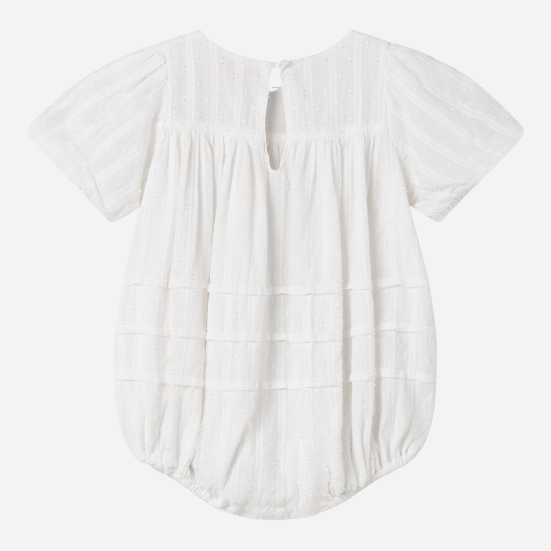 Sold at Bombon shop, designed by Mar Mar Copenhagen, Ritona baby bodysuit in White with puff sleeves