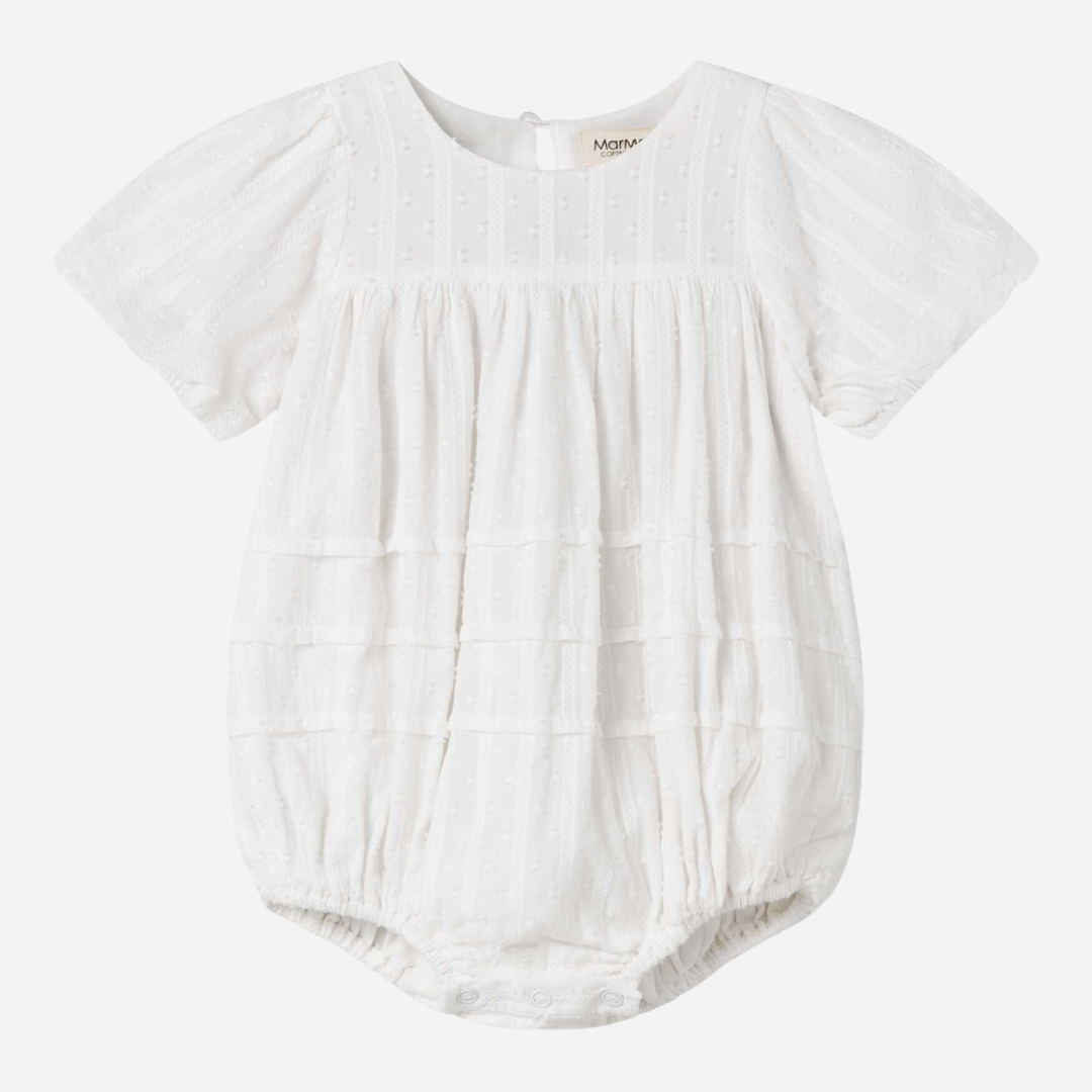Sold at Bombon shop, designed by Mar Mar Copenhagen, Ritona baby bodysuit in White with puff sleeves