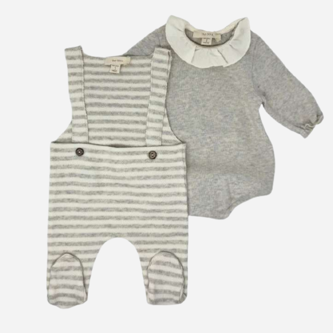 Sold at Bombon shop, designed by Tiny Soul — soft grey knit baby bodysuit with long sleeves and an ivory ruffled collar. as a set