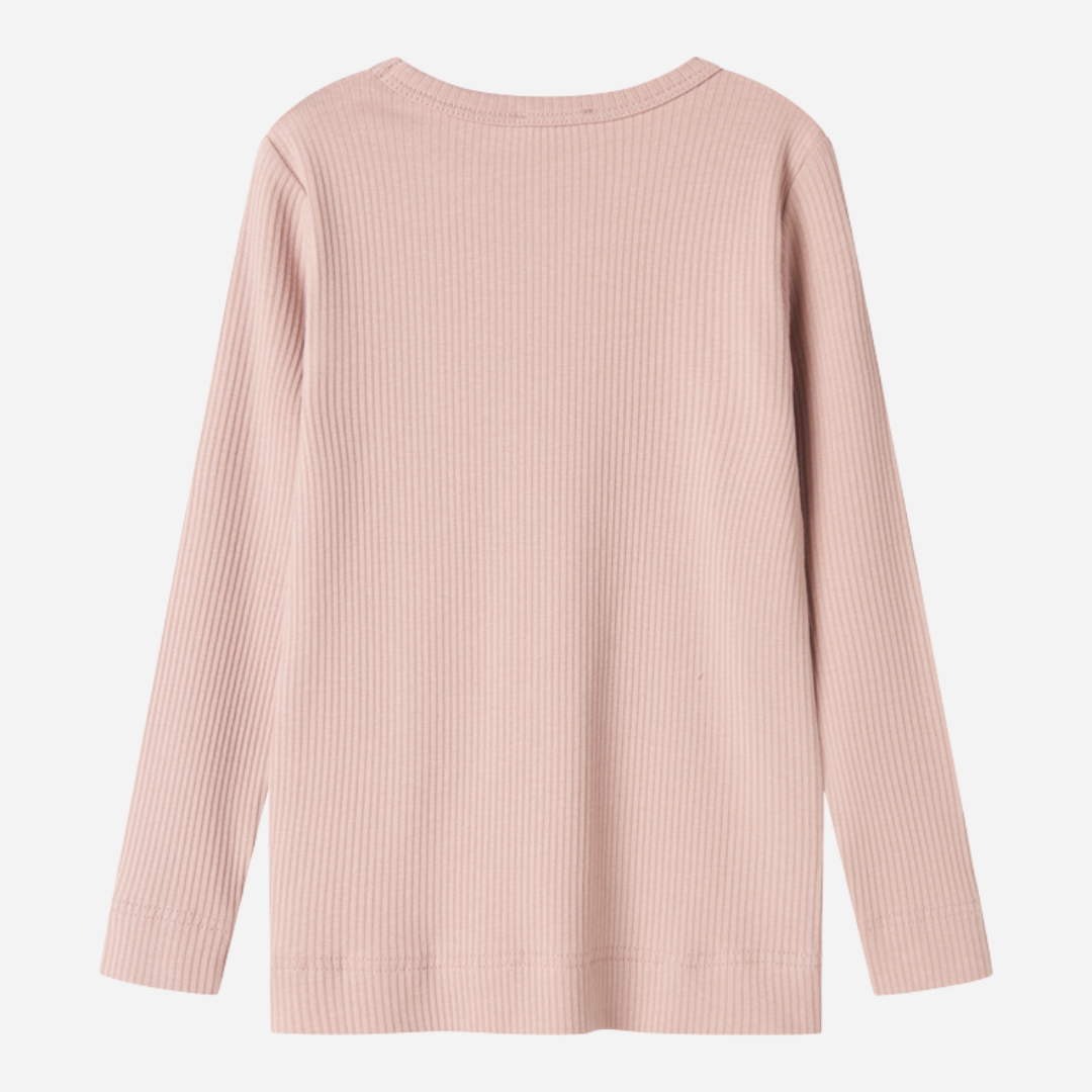 Sold at Bombon shop, designed by MarMar Copenhagen — blush pink ribbed organic cotton long-sleeve baby top, part of a matching set.