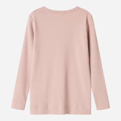 Sold at Bombon shop, designed by MarMar Copenhagen — blush pink ribbed organic cotton long-sleeve baby top, part of a matching set.