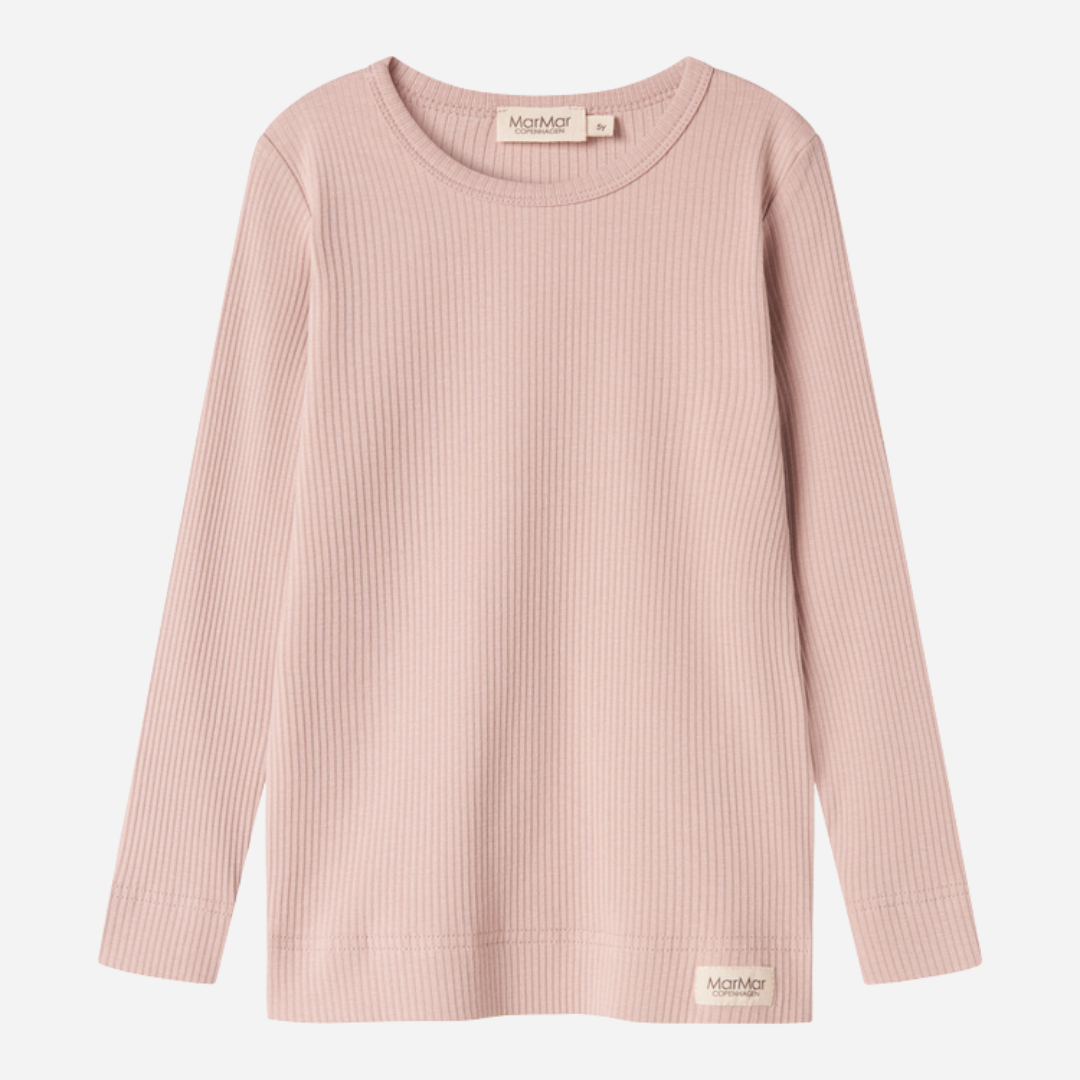 Sold at Bombon shop, designed by MarMar Copenhagen — blush pink ribbed organic cotton long-sleeve baby top, part of a matching set.