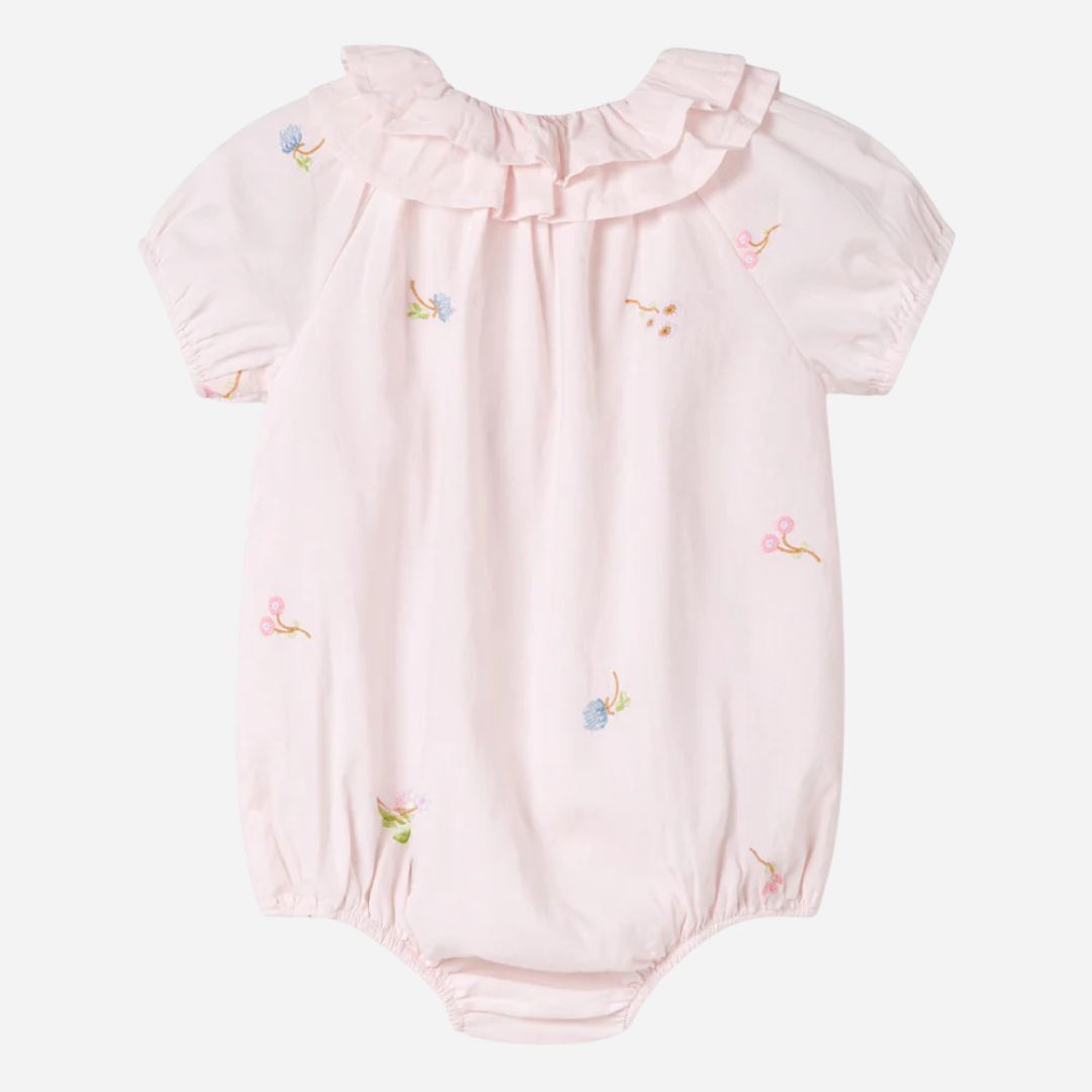 Sold at Bombon shop, designed by Mar Mar Copenhagen, Rosetta baby bodysuit in Summer Embroidery with ruffled collar