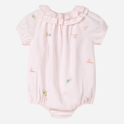 Sold at Bombon shop, designed by Mar Mar Copenhagen, Rosetta baby bodysuit in Summer Embroidery with ruffled collar