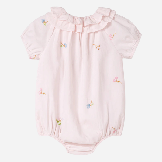 Sold at Bombon shop, designed by Mar Mar Copenhagen, Rosetta baby bodysuit in Summer Embroidery with ruffled collar