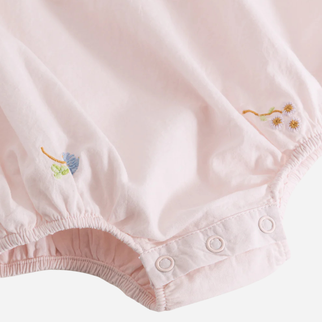 Sold at Bombon shop, designed by Mar Mar Copenhagen, Rosetta baby bodysuit in Summer Embroidery with ruffled collar