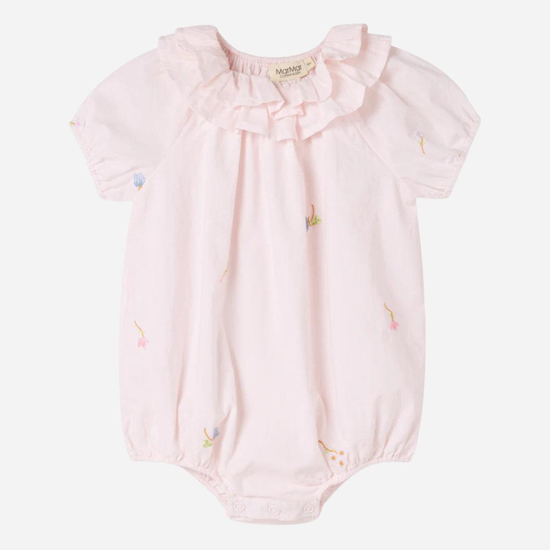 Sold at Bombon shop, designed by Mar Mar Copenhagen, Rosetta baby bodysuit in Summer Embroidery with ruffled collar