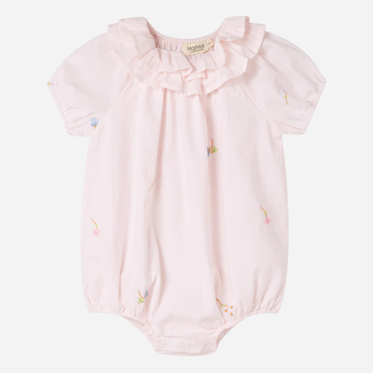 Sold at Bombon shop, designed by Mar Mar Copenhagen, Rosetta baby bodysuit in Summer Embroidery with ruffled collar