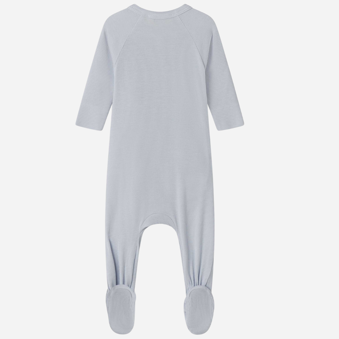 Sold at Bombon shop, designed by Mar Mar Copenhagen, Rubello modal footed baby onesie in Blue Mist ribbed fabric