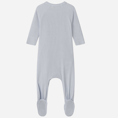 Sold at Bombon shop, designed by Mar Mar Copenhagen, Rubello modal footed baby onesie in Blue Mist ribbed fabric