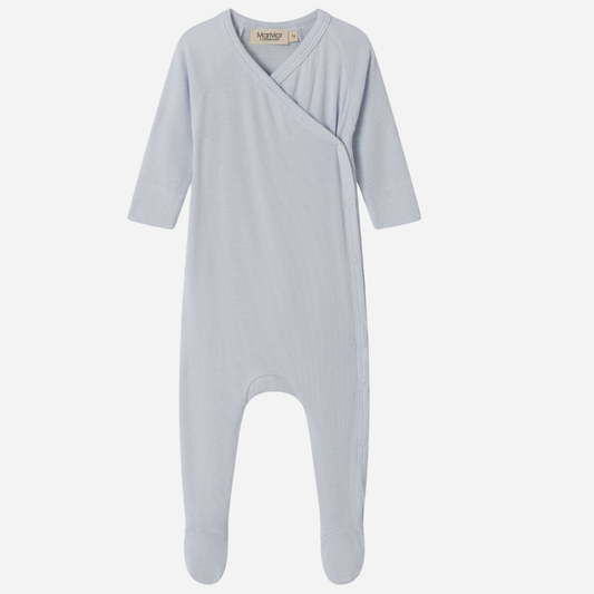 Sold at Bombon shop, designed by Mar Mar Copenhagen, Rubello modal footed baby onesie in Blue Mist ribbed fabric