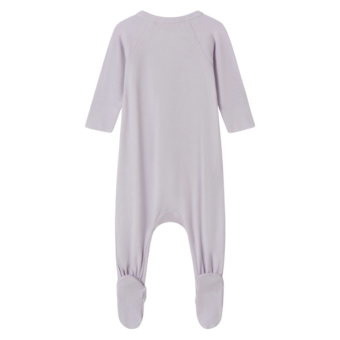 Sold at Bombon shop, designed by Mar Mar Copenhagen, Rubello modal footed baby onesie in Sweet Violet ribbed fabric