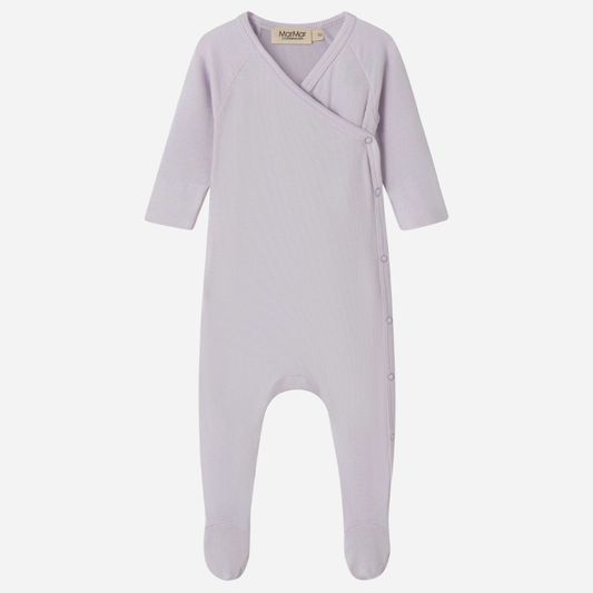 Sold at Bombon shop, designed by Mar Mar Copenhagen, Rubello modal footed baby onesie in Sweet Violet ribbed fabric