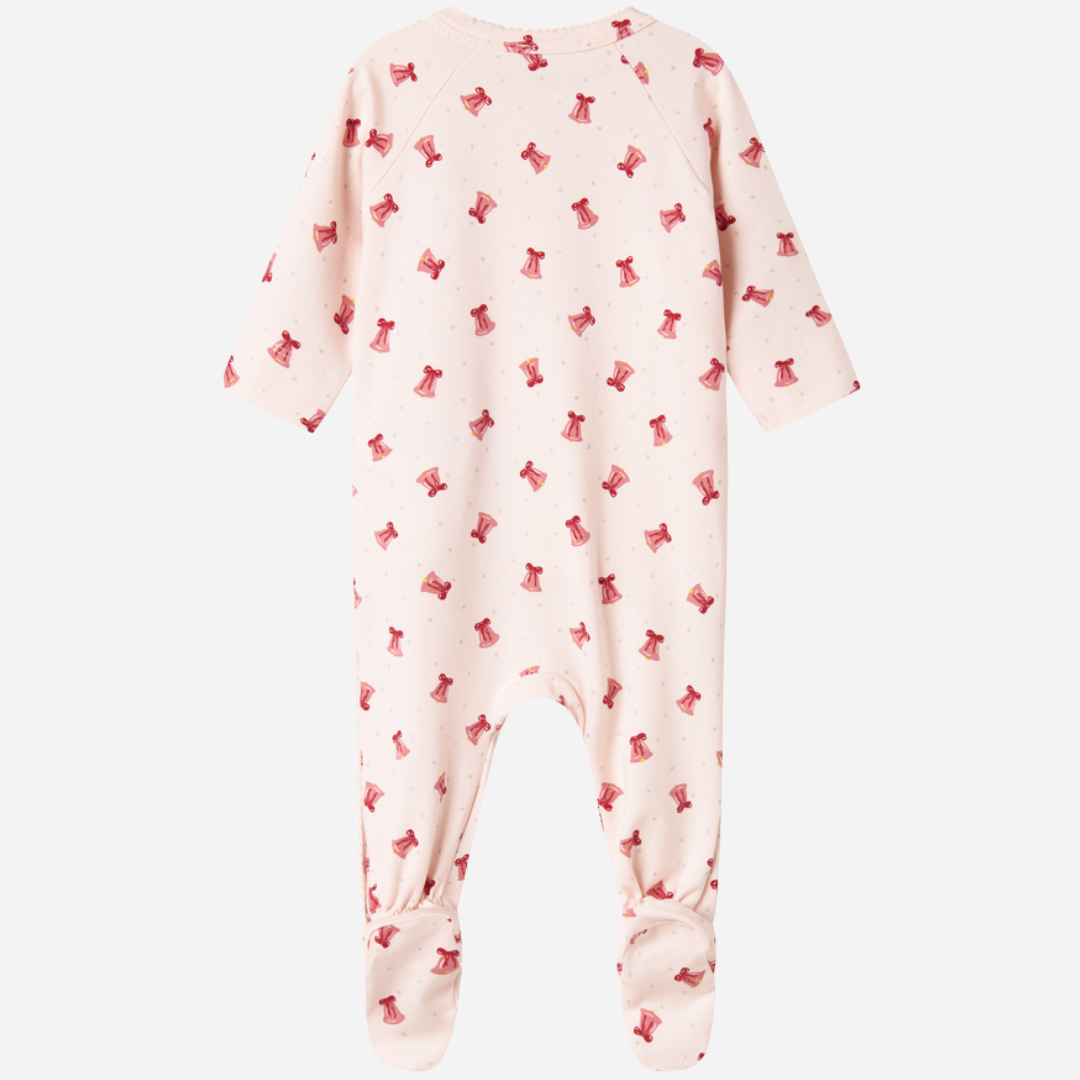 Sold at Bombon shop, designed by MarMar Copenhagen. Blush pink baby wrap footie with delicate pink bell print, pairs perfectly with the matching hat and blanket.