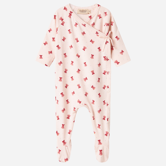 Sold at Bombon shop, designed by MarMar Copenhagen. Blush pink baby wrap footie with delicate pink bell print, pairs perfectly with the matching hat and blanket.