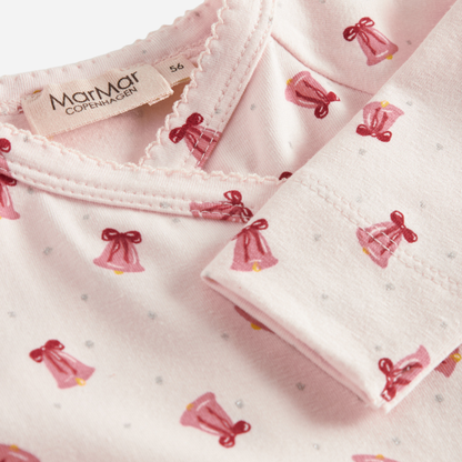 Sold at Bombon shop, designed by MarMar Copenhagen. Blush pink baby wrap footie with delicate pink bell print, pairs perfectly with the matching hat and blanket.