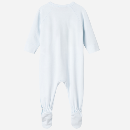 Sold at Bombon shop, designed by MarMar Copenhagen — powder blue organic cotton footed baby onesie with side tie closure.