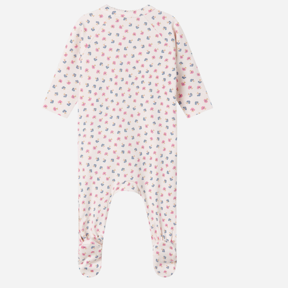 Sold at Bombon shop, designed by Mar Mar Copenhagen, Rubetta footed baby onesie in Mini Flower print modal and organic cotton blend