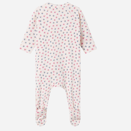Sold at Bombon shop, designed by Mar Mar Copenhagen, Rubetta footed baby onesie in Mini Flower print modal and organic cotton blend