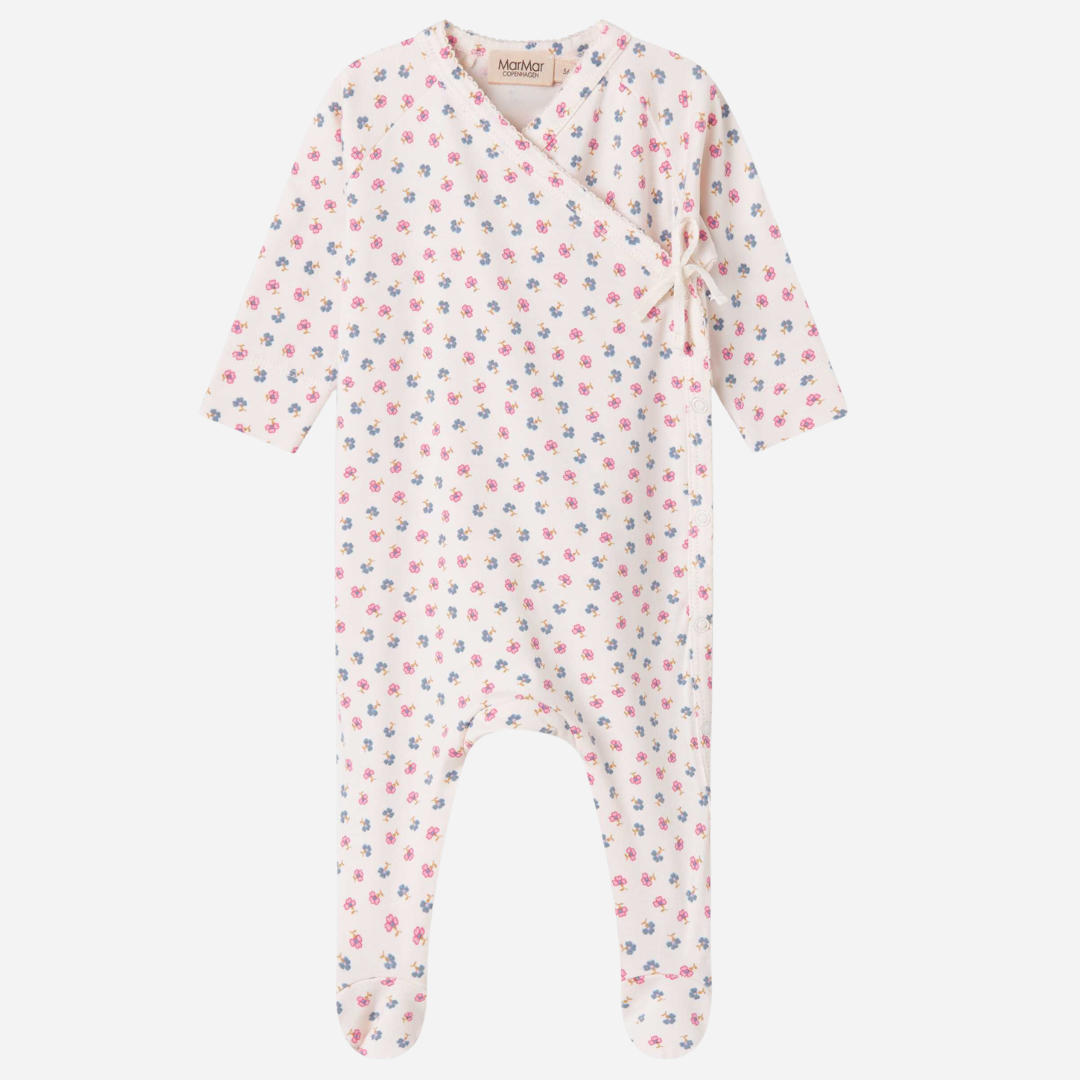 Sold at Bombon shop, designed by Mar Mar Copenhagen, Rubetta footed baby onesie in Mini Flower print modal and organic cotton blend